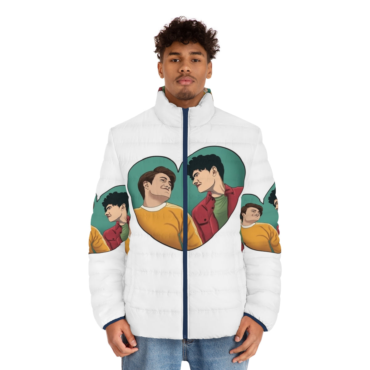 Heartstopper Nick and Charlie Friendship Puffer Jacket featuring characters from the popular Netflix series - men front