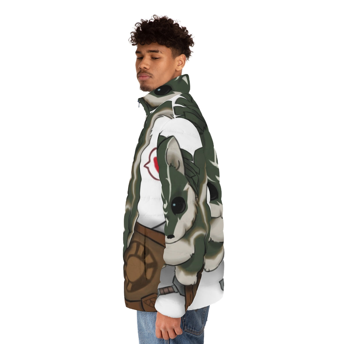 A cozy and stylish puffer jacket featuring the iconic character Link from the Zelda video game series. - men side left