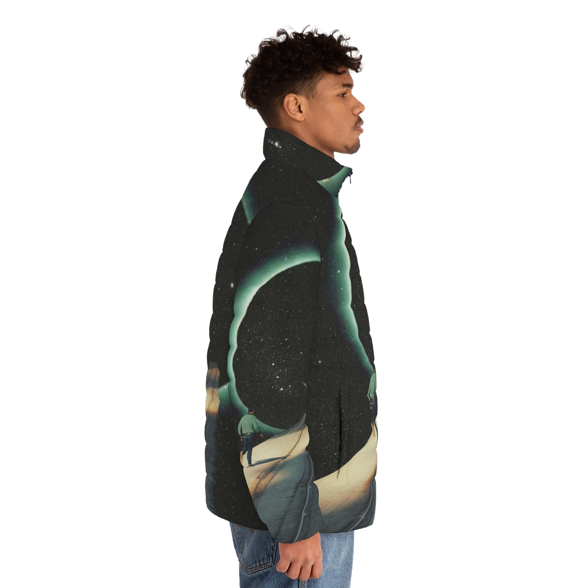 Puffer jacket with digital collage of space, planets, and a lone figure on a cosmic journey - men side right