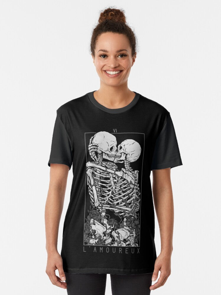 The Lovers Graphic T-Shirt featuring a couple kissing with tarot and gothic elements - Women