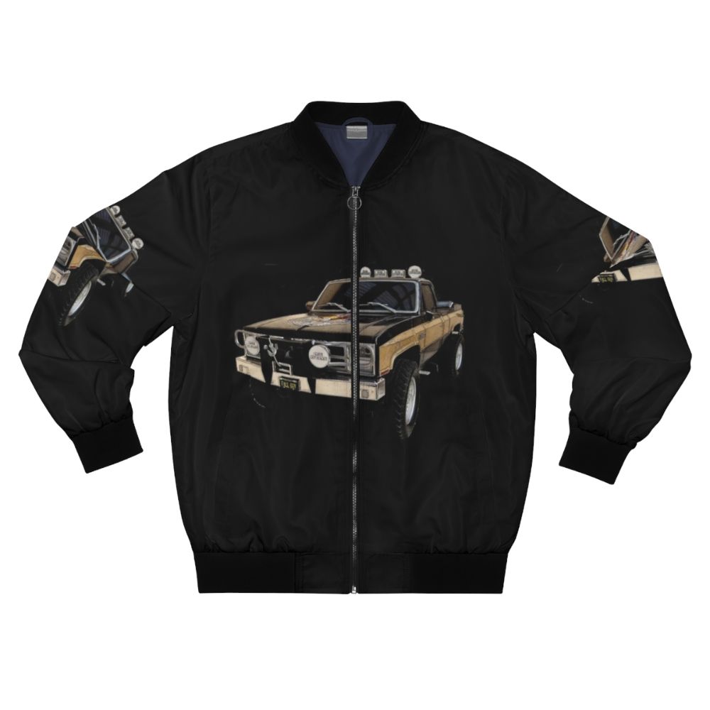 A bomber jacket inspired by the TV series "The Fall Guy" featuring the GMC Sierra Grande truck