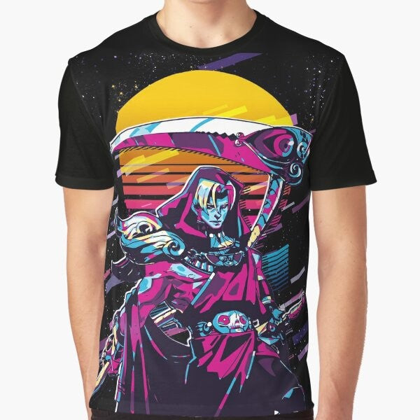 80s retro-style graphic t-shirt featuring Thanatos and Hades from Greek mythology