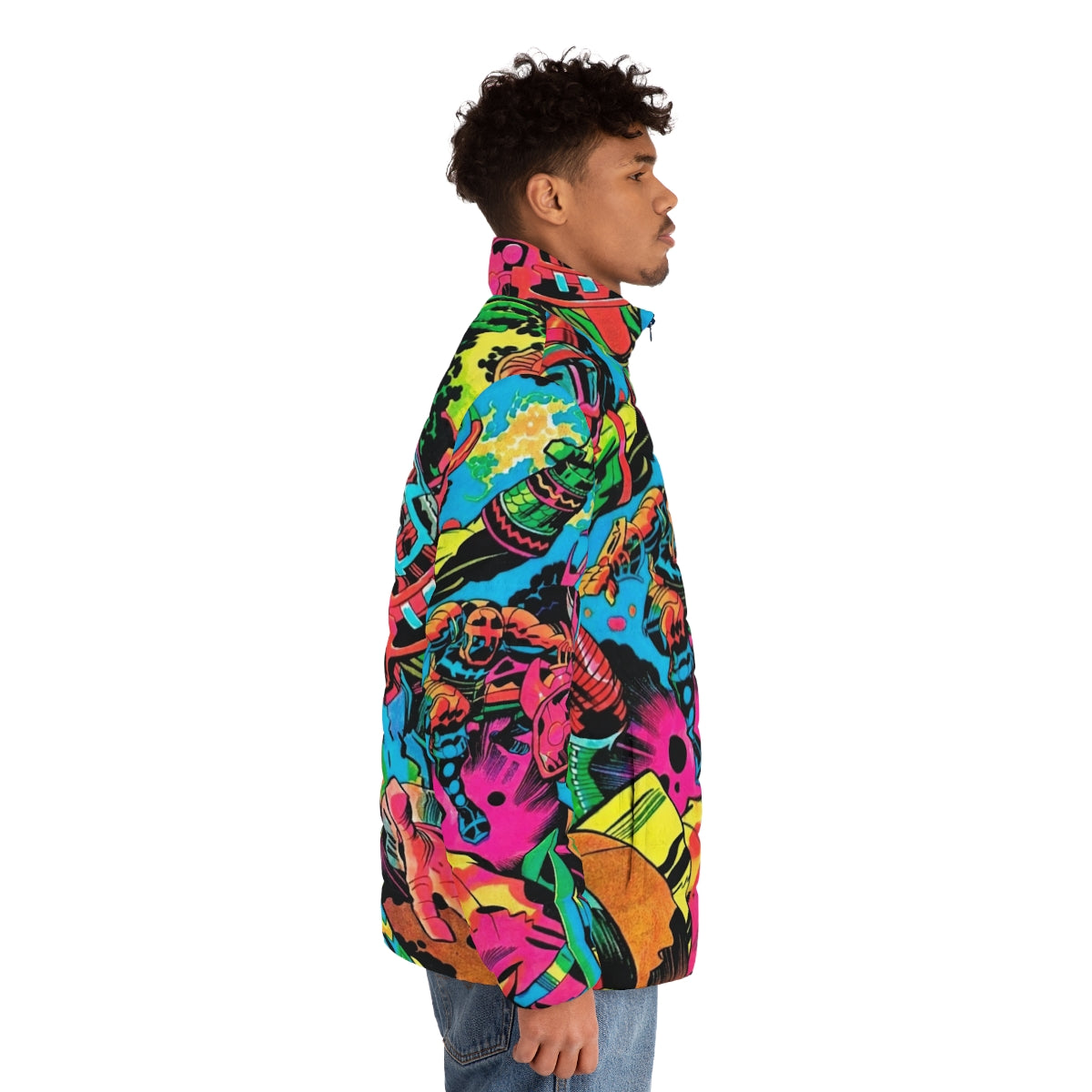 Kirby Puffer Jacket - Colorful Marvel Comics inspired superhero pop art design - men side right