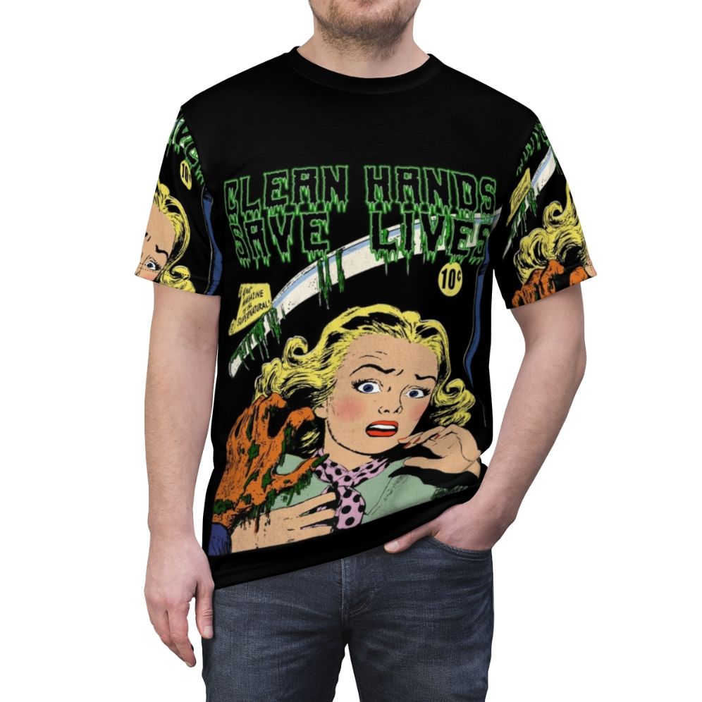 Vintage-style horror illustration of a hand with the text "Green Clean Hand Saves Lives" on a t-shirt - men front