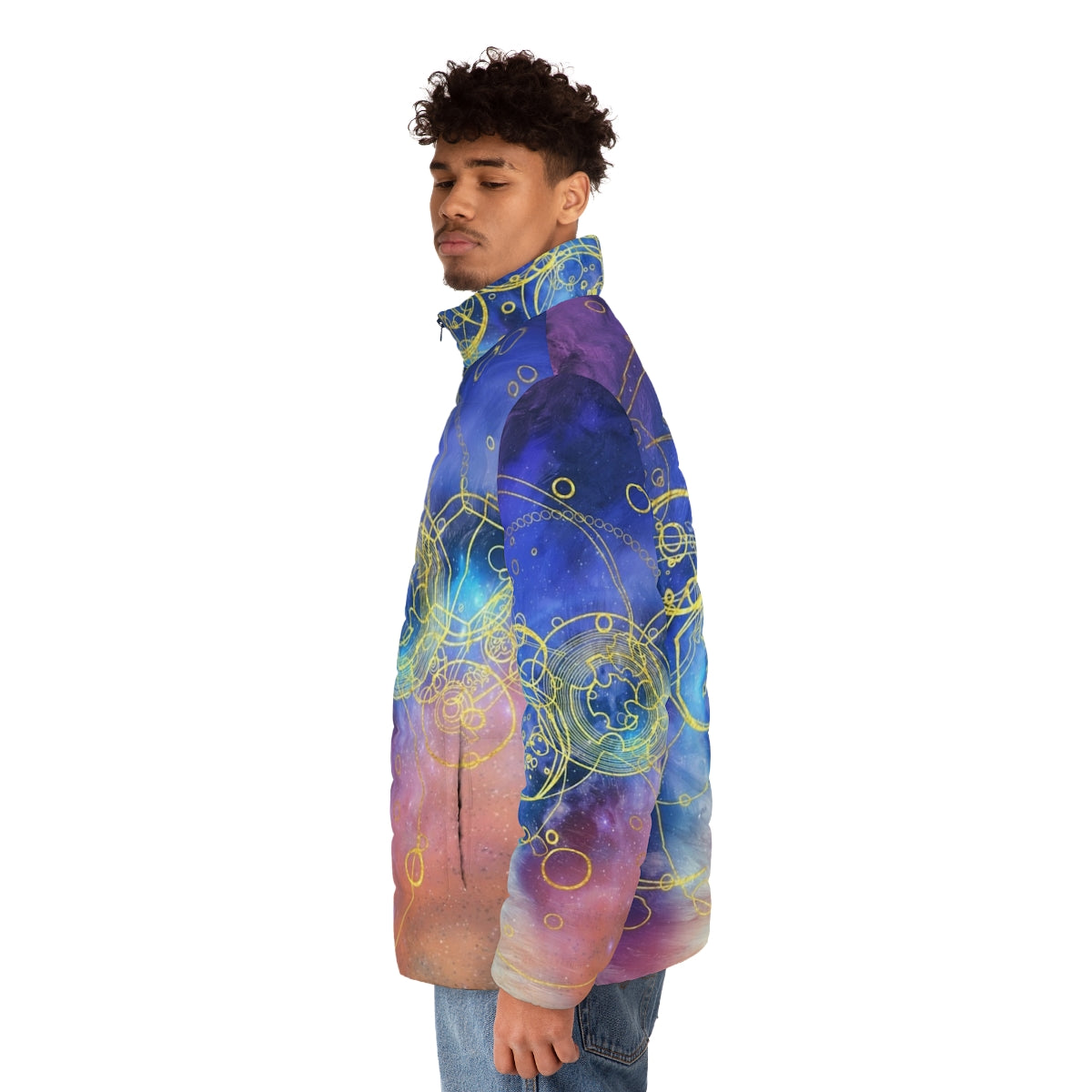 Puffer jacket featuring swirling vortex hues and Gallifreyan symbols, a must-have for Doctor Who fans. - men side left