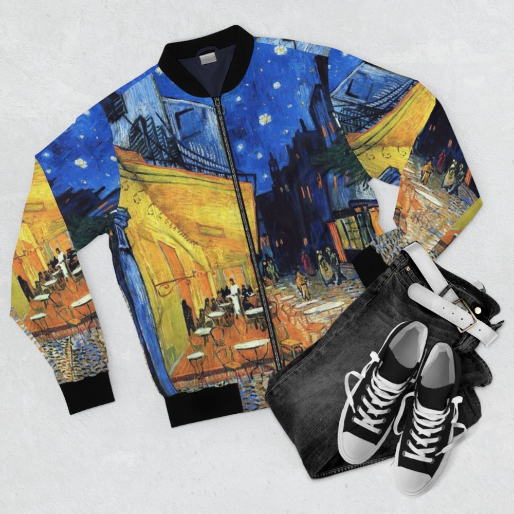 Vincent Van Gogh's "Cafe Terrace at Night" print on a bomber jacket - Flat lay