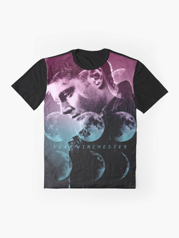 A stylish t-shirt featuring a graphic design of Dean Winchester from the TV show Supernatural. - Flat lay