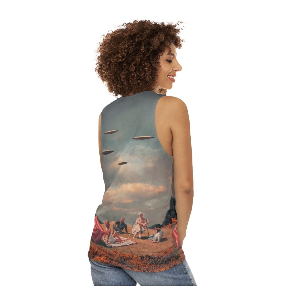 Unisex retro sci-fi tank top with surreal landscape design - women back