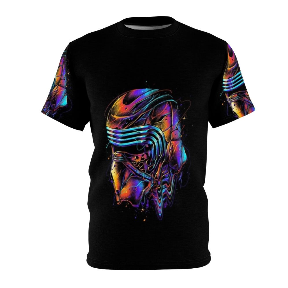 Colorful t-shirt featuring a vibrant sci-fi inspired galaxy print design