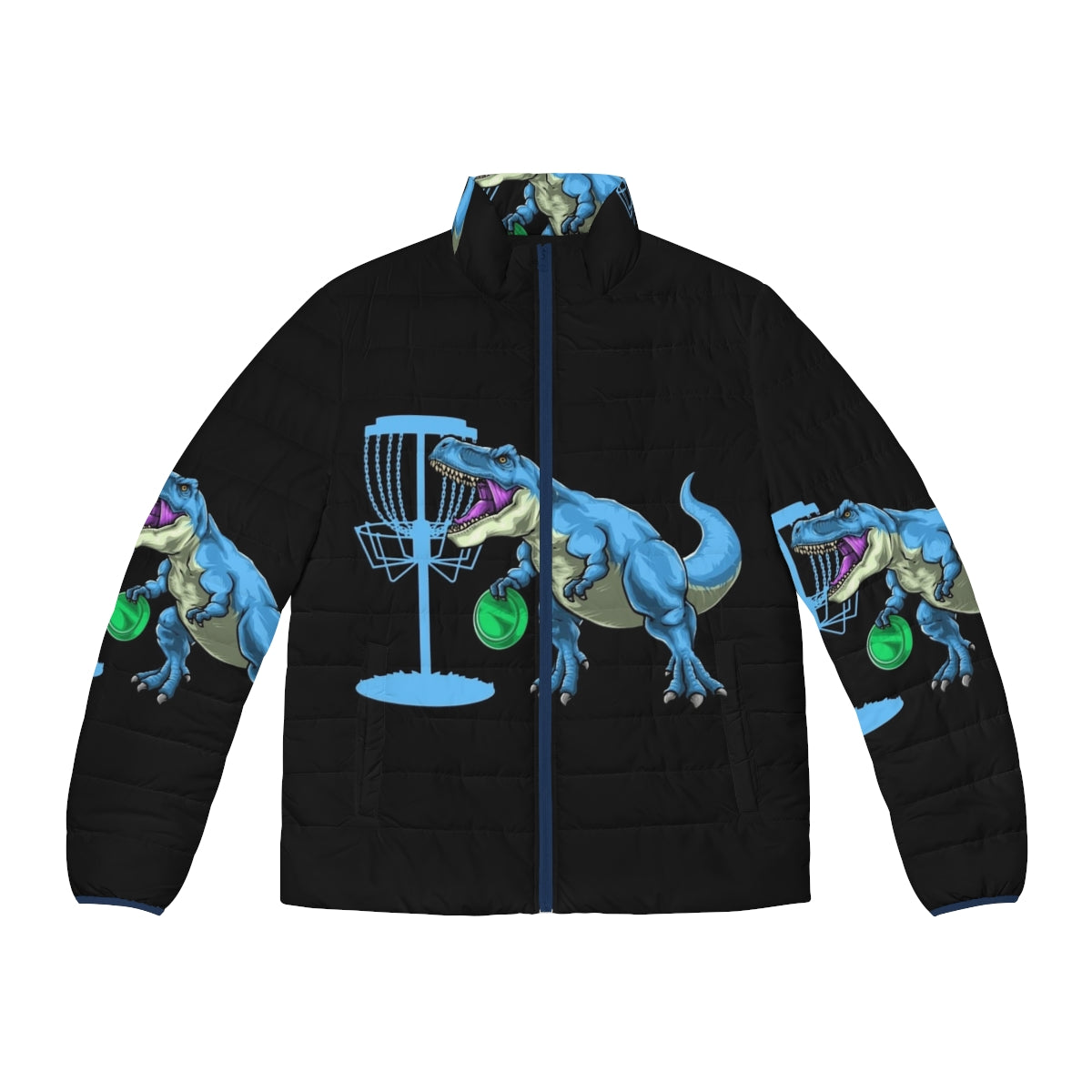 Dinosaur disc golf puffer jacket with t-rex design for disc golfers