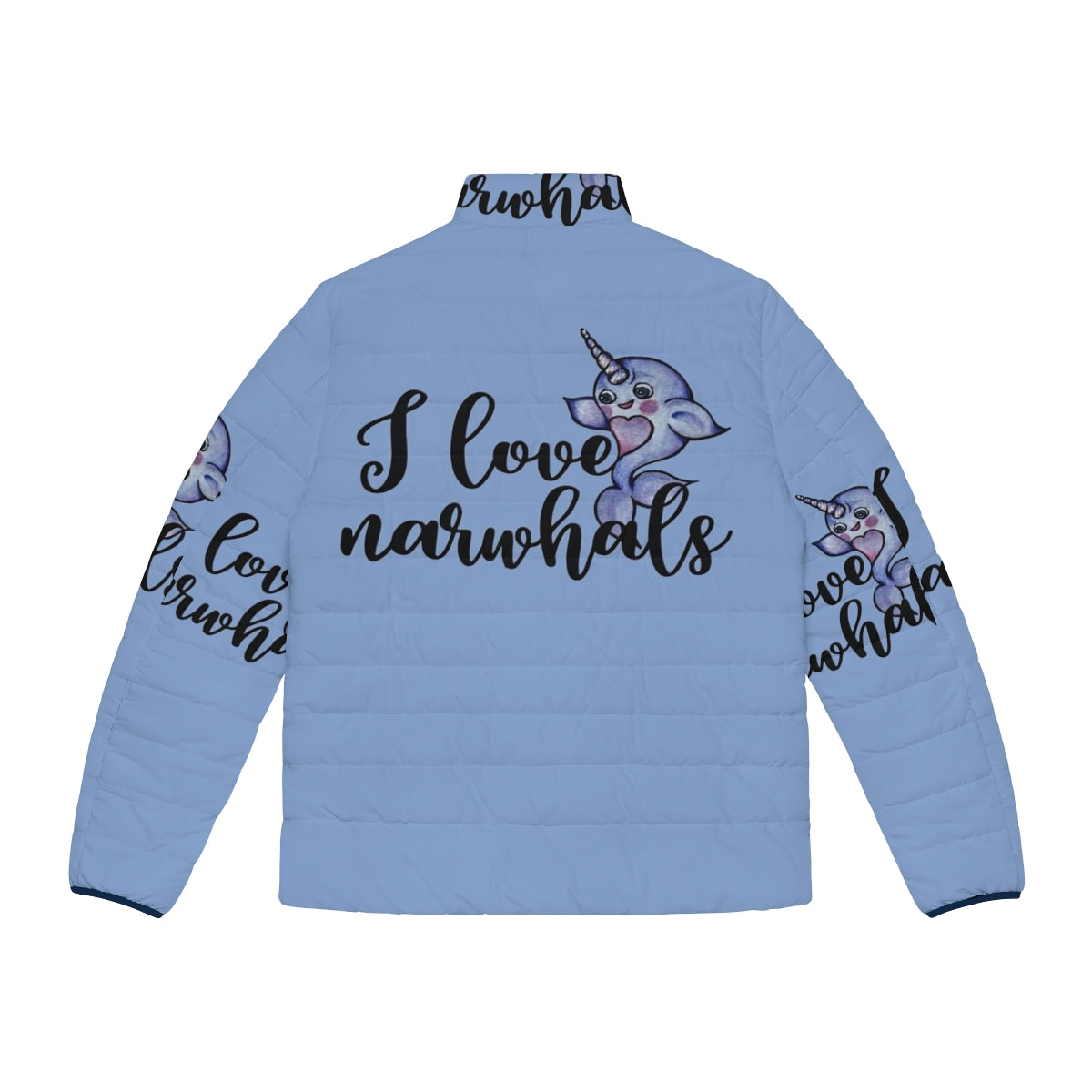 A purple puffer jacket with a cute narwhal design - Back