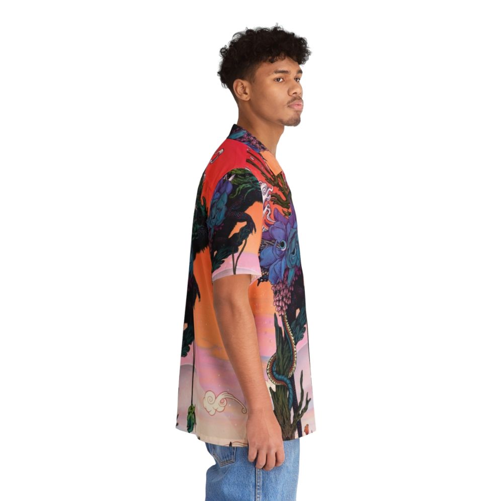 Phantasmagoria Hawaiian Shirt with surreal, psychedelic nature-inspired design featuring chameleon, flowers, and sunset colors. - People Pight