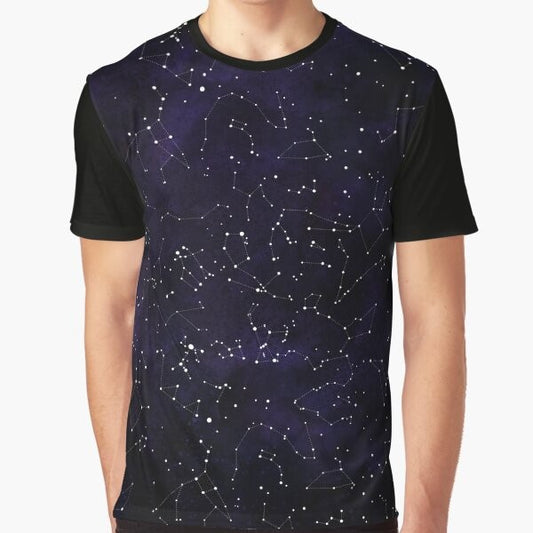 A graphic t-shirt featuring the constellations of the northern hemisphere against a starry night sky background.