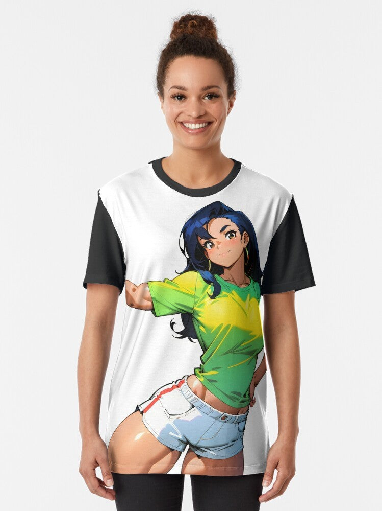 A graphic t-shirt featuring an inspirational anime-style illustration of a strong, athletic female character showcasing her muscular physique. - Women