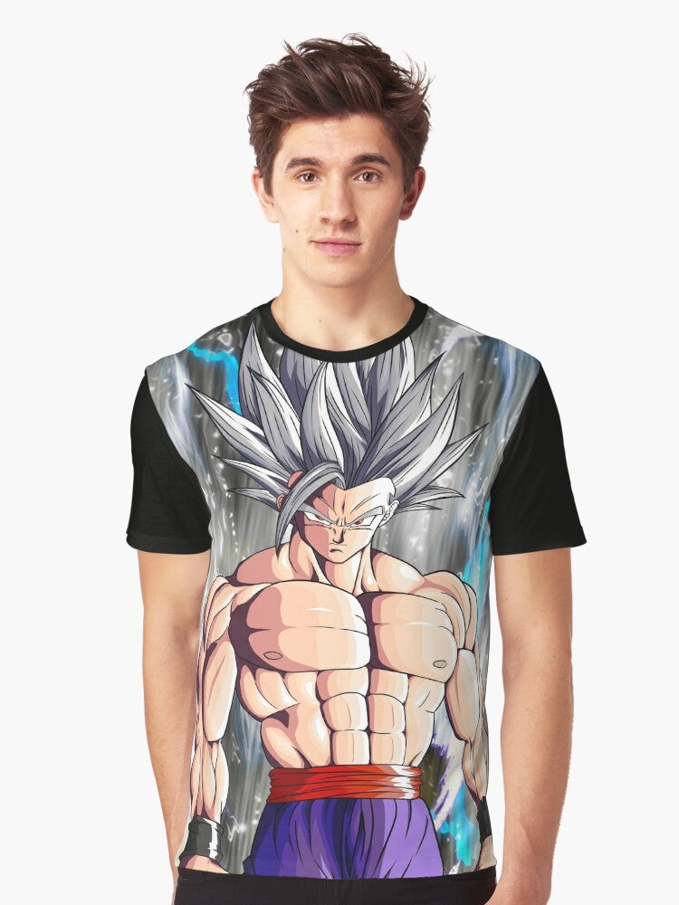 Super Saiyan Gohan from the Dragonball anime series featured on a graphic t-shirt. - Men