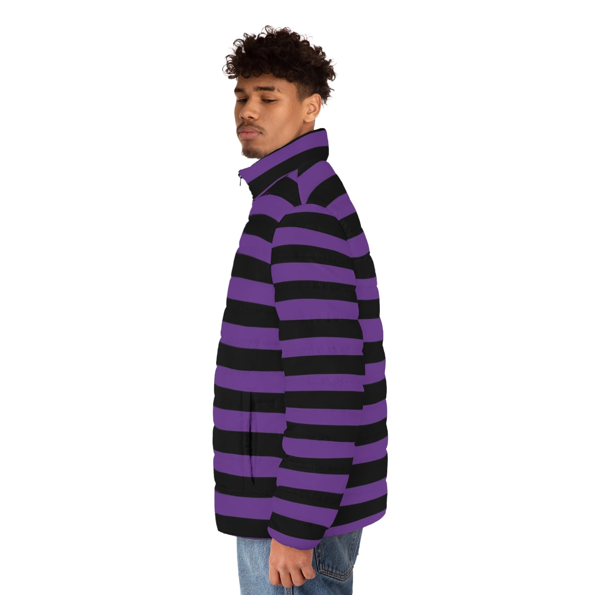 Striped purple and black puffer jacket with thick horizontal stripes - men side left