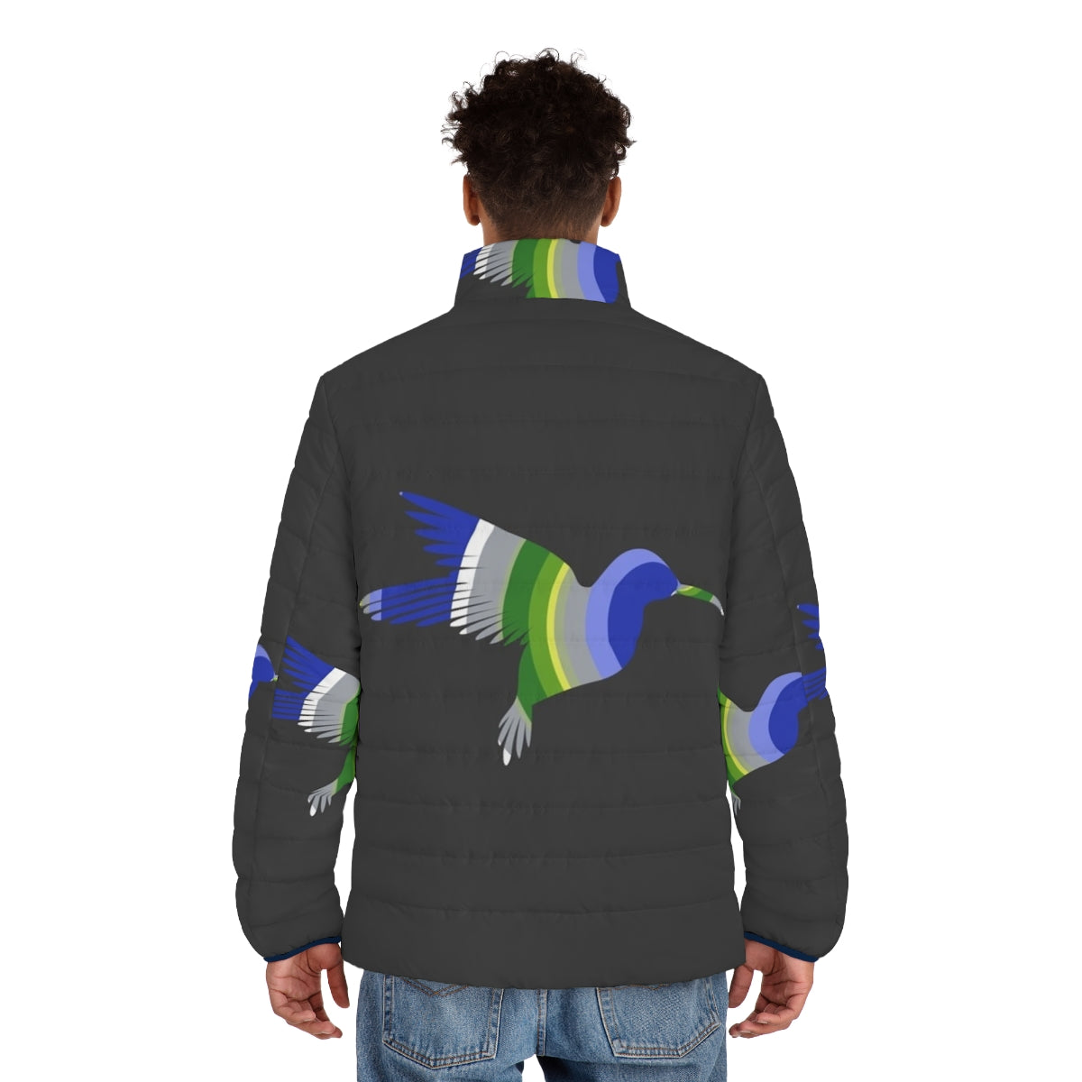 Hummingbird puffer jacket featuring watercolor bird and animal art design - men back