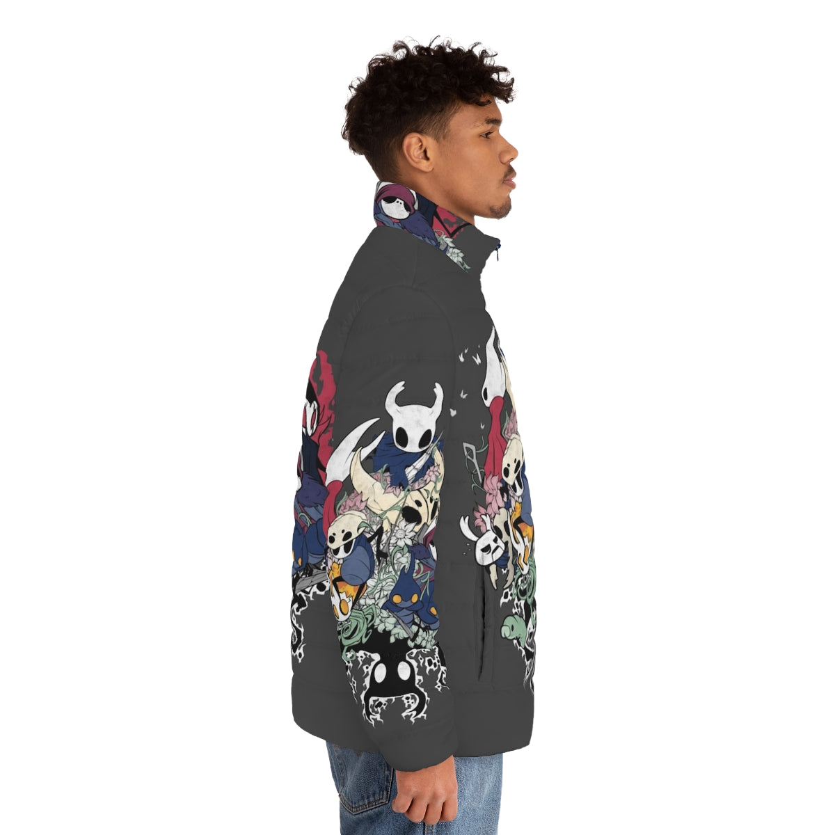 Hollow Knight Crew Neck Puffer Jacket with Hornet and Grimm Designs - men side right