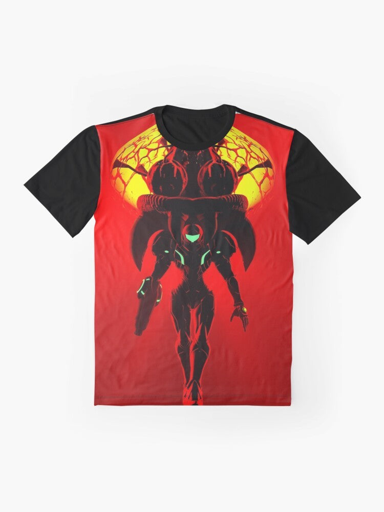 Metroid Samus Aran character graphic on a t-shirt - Flat lay