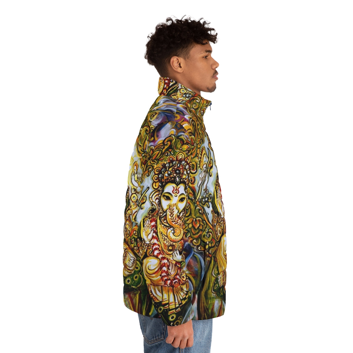 Lord Ganesha Puffer Jacket featuring the elephant god in a colorful, mythological design - men side right