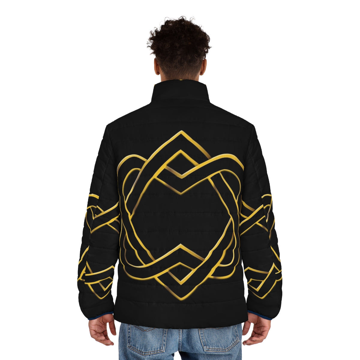 Puffer jacket with intricate Celtic knot designs in a heart shape - men back