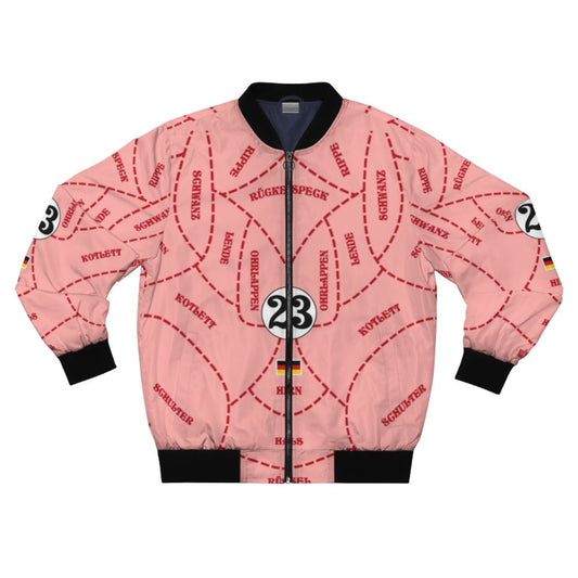 Vintage 1971 Porsche 917 inspired bomber jacket with racing livery and pink pig design