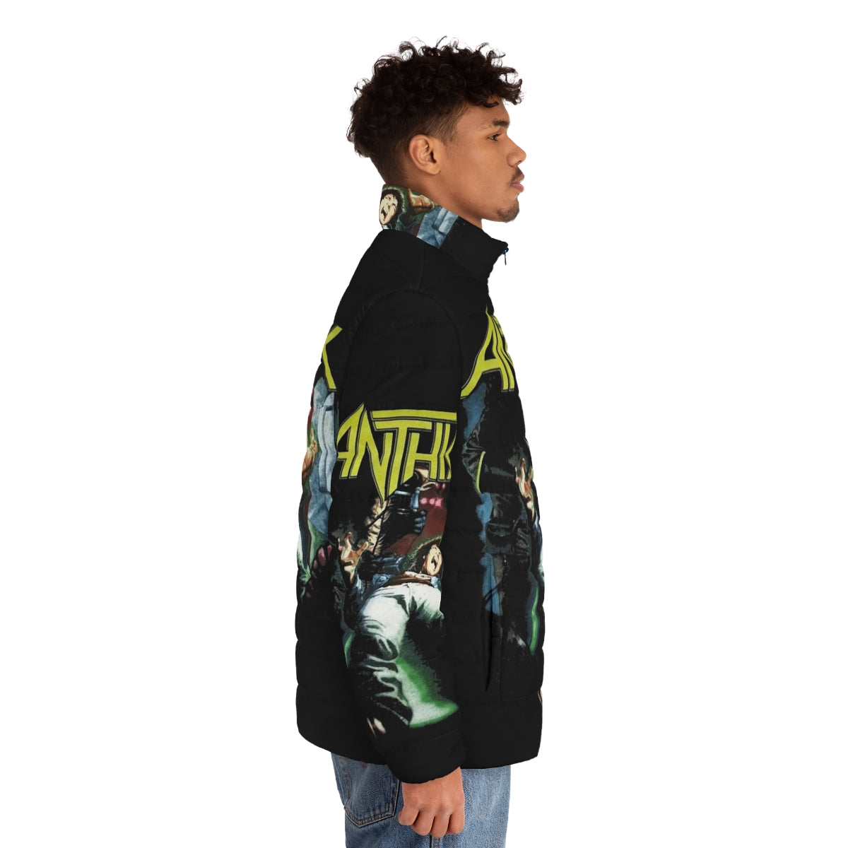 Anthrax Band Puffer Jacket featuring the iconic Anthrax logo and band members - men side right