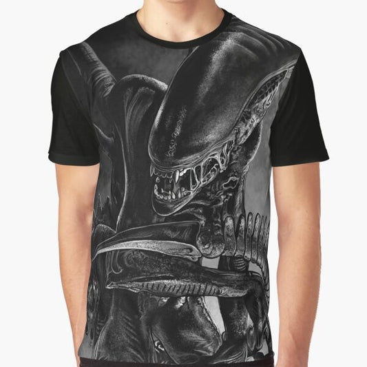 A hand-drawn graphic of a xenomorph alien on a t-shirt for art enthusiasts.