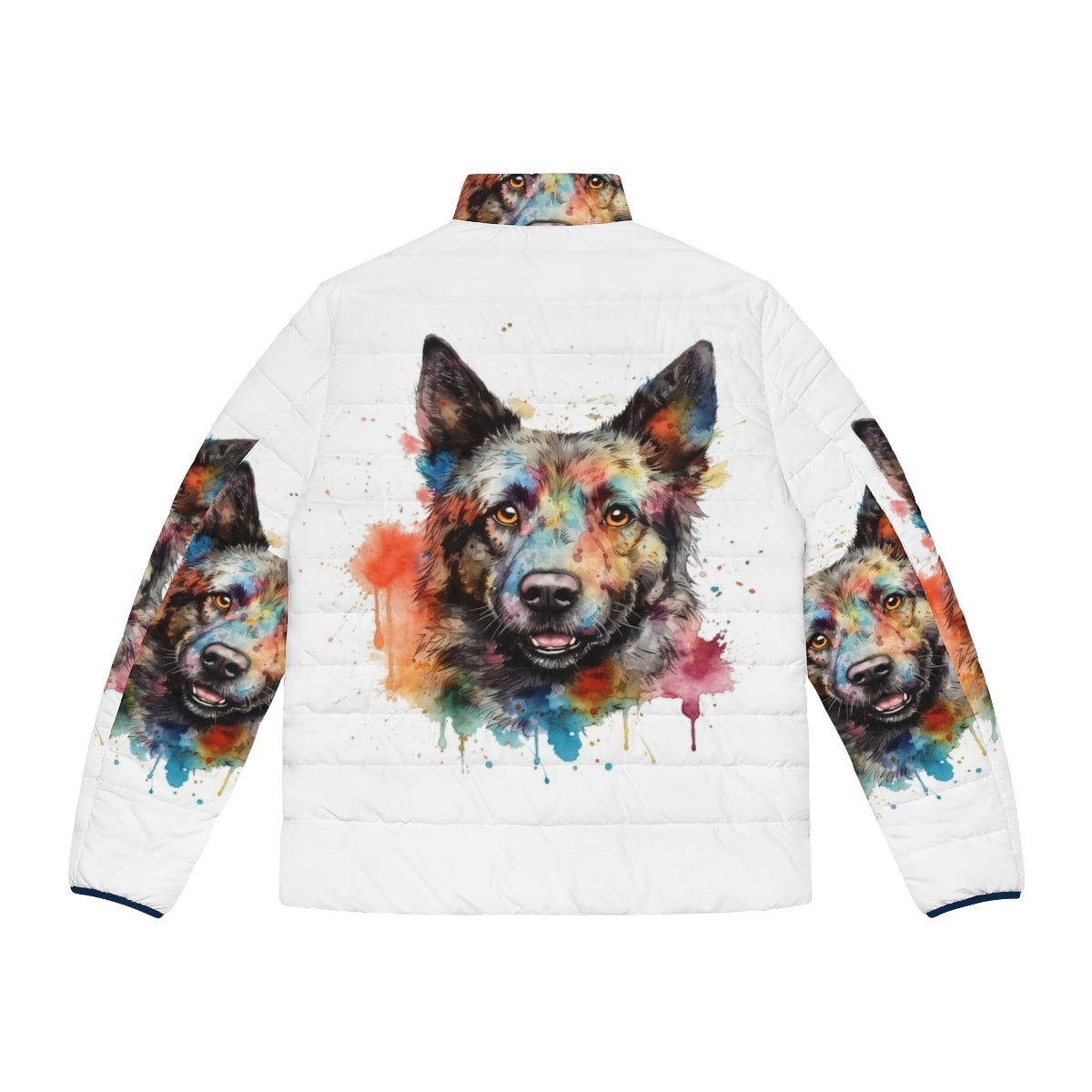 Bright watercolor painting of a Hungarian Mudi dog on a puffer jacket - Back