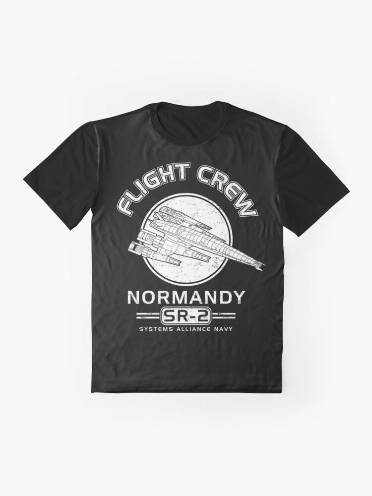 Mass Effect Normandy SR2 graphic t-shirt featuring the iconic spaceship from the popular sci-fi video game series. - Flat lay