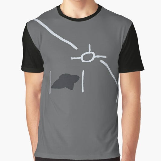 Cartoon navy UFO graphic on a t-shirt, depicting aliens and outer space imagery