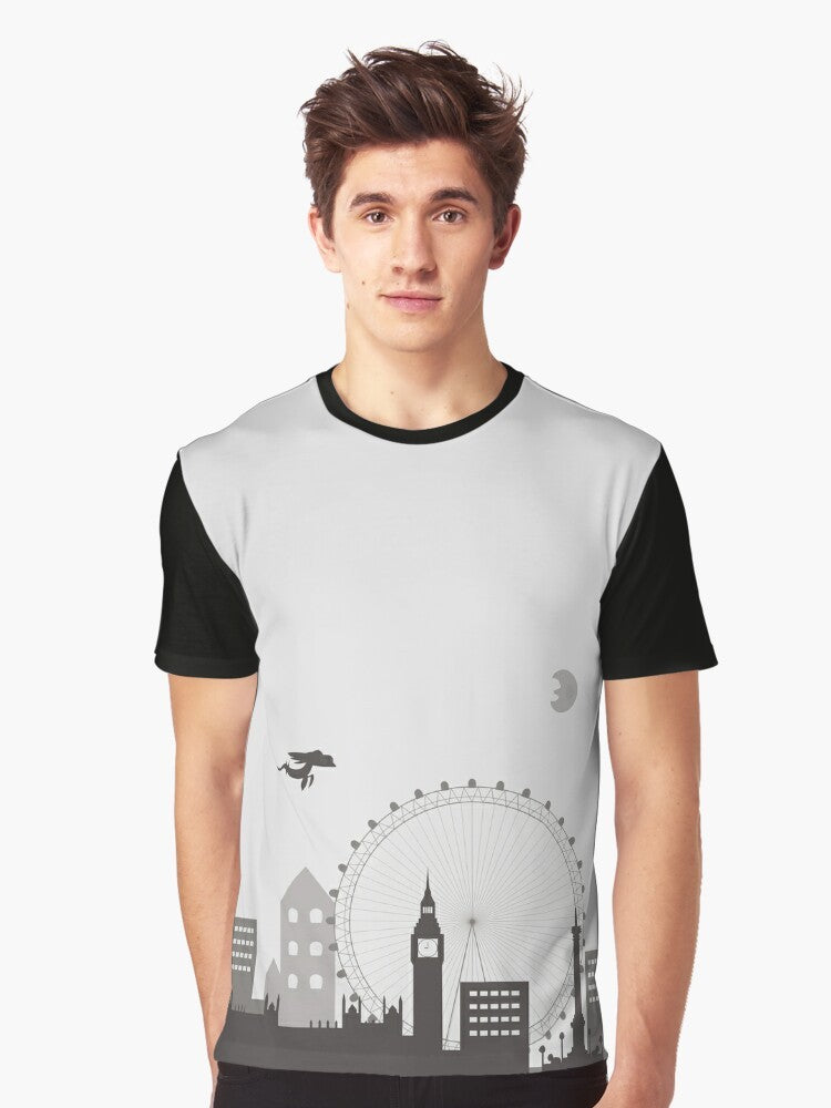 A grey and black graphic t-shirt featuring an urban cityscape and smog design - Men