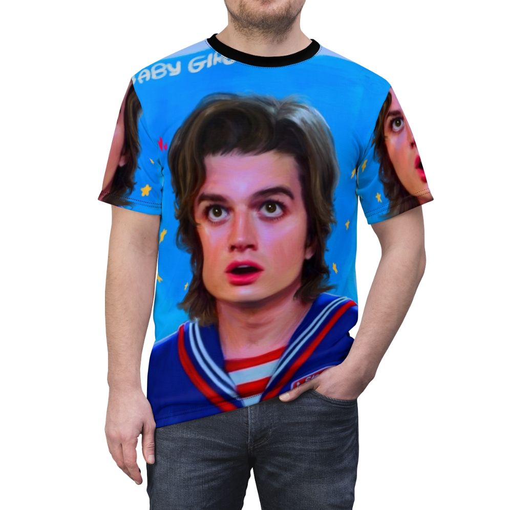 Retro-inspired t-shirt design featuring Steve Harrington from the Netflix series Stranger Things - men front