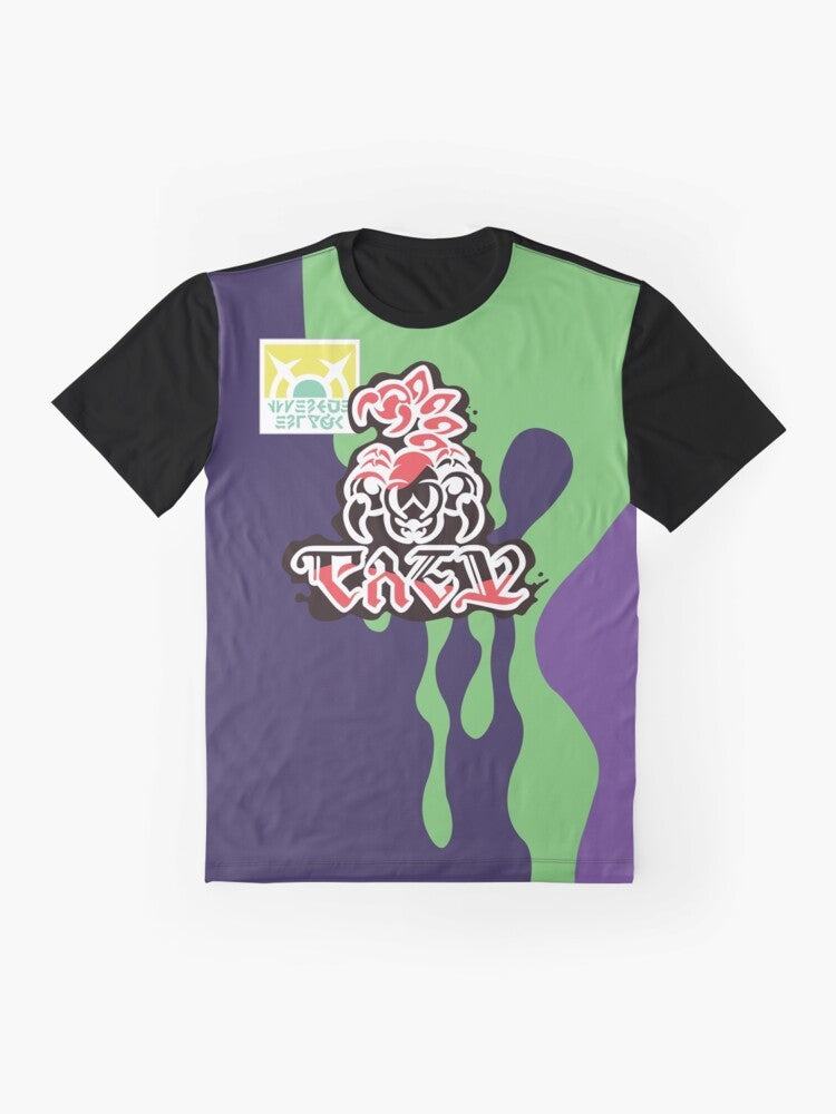 Klara, the Poison Trainer, from the Pokemon Sword and Shield video game, on a graphic t-shirt - Flat lay