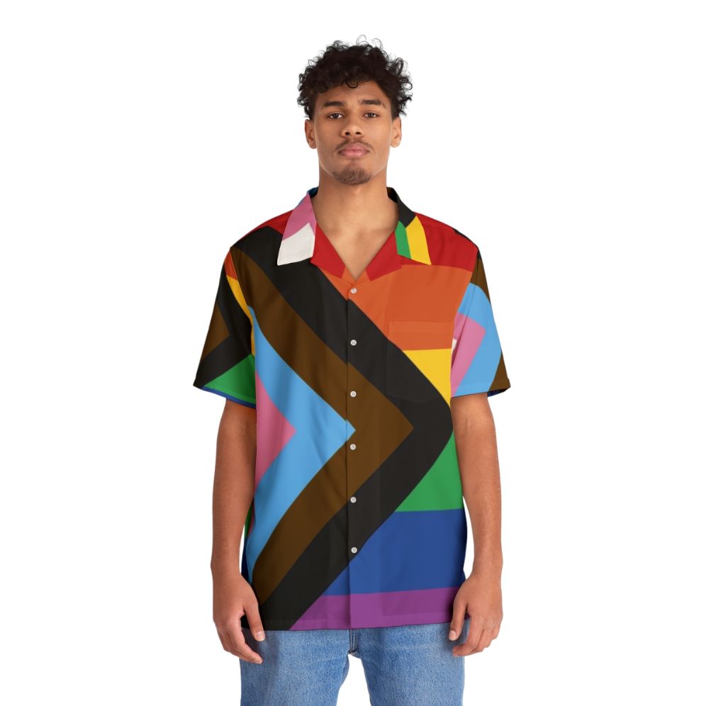 Progress Pride Flag Hawaiian Shirt with Inclusive Rainbow Design - People Front