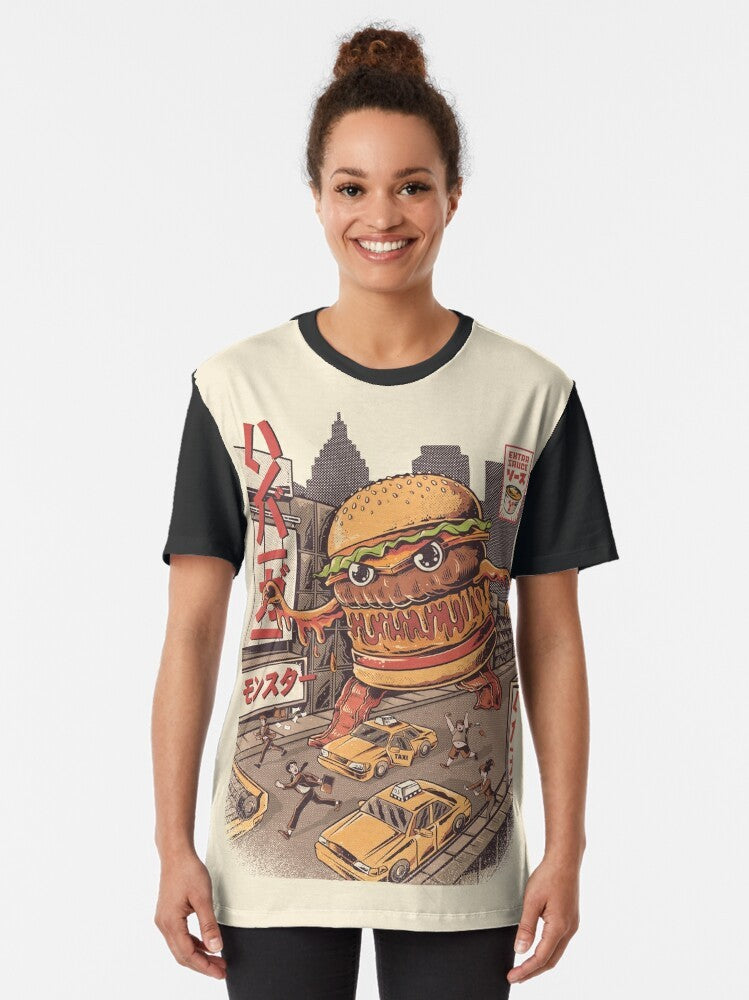 Retro-style BurgerZilla graphic t-shirt with anime and kaiju-inspired burger design - Women