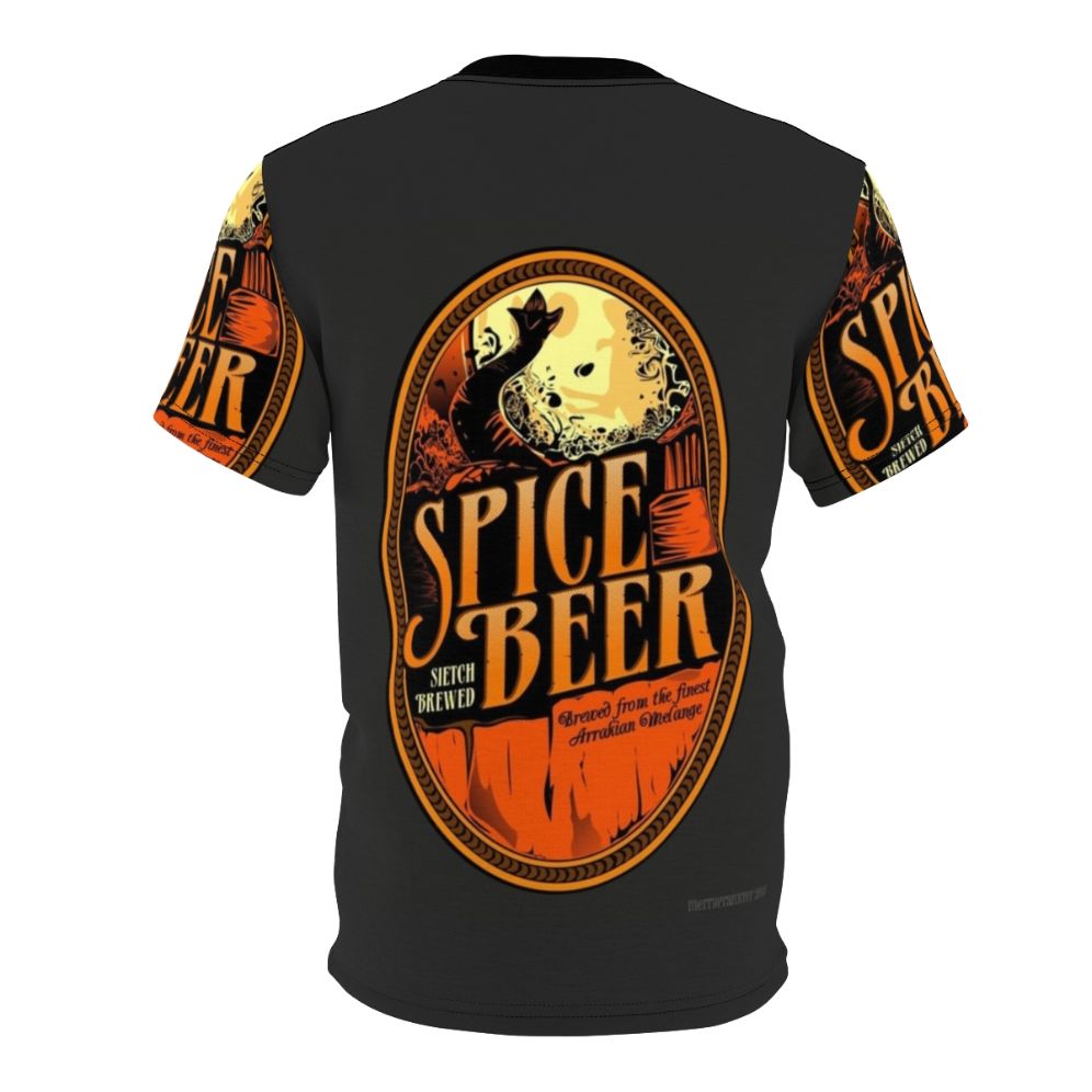 Dune-inspired t-shirt featuring a stylized Spice Beer label design with science fiction elements. - Back