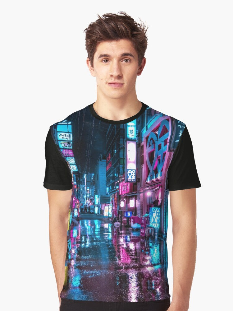 Neon-lit alleyways and skyscrapers in the Shimbashi district of Tokyo at night, a futuristic and moody graphic t-shirt design. - Men