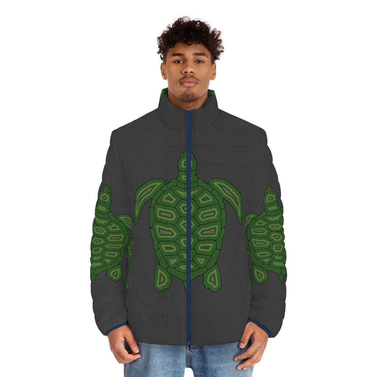 Legendary Turtle Puffer Jacket featuring a colorful, abstract turtle design - men front