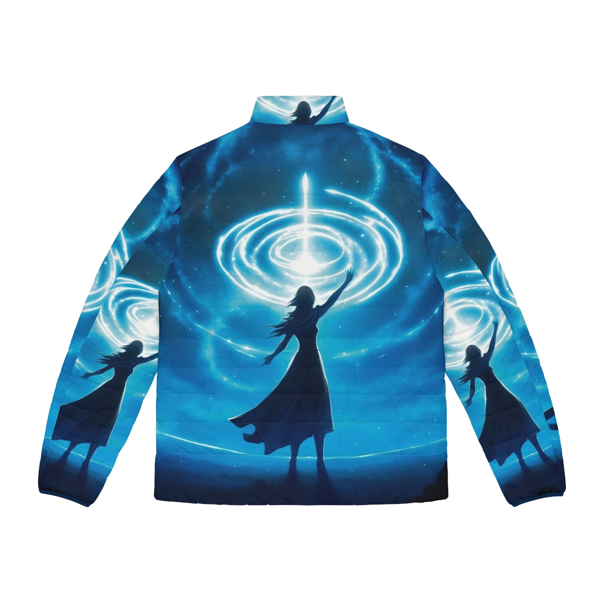 A blue puffer jacket with a silhouette of a woman surrounded by stars and a night landscape - Back