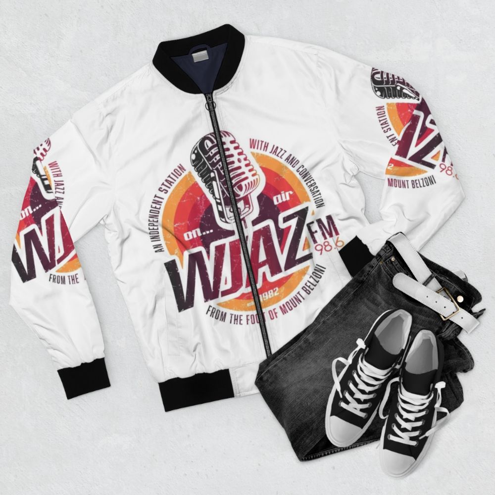 Vintage Radio WJAZ Bomber Jacket with Retro 70s Music Graphics - Flat lay