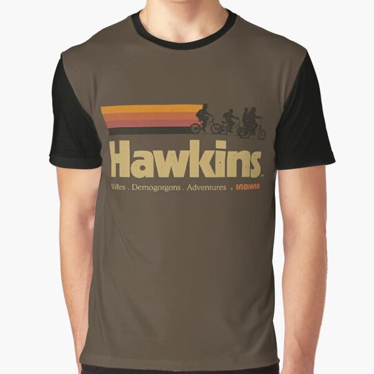 Vintage 80s style Stranger Things t-shirt with Demogorgon character and "Visit Hawkins, Indiana" text