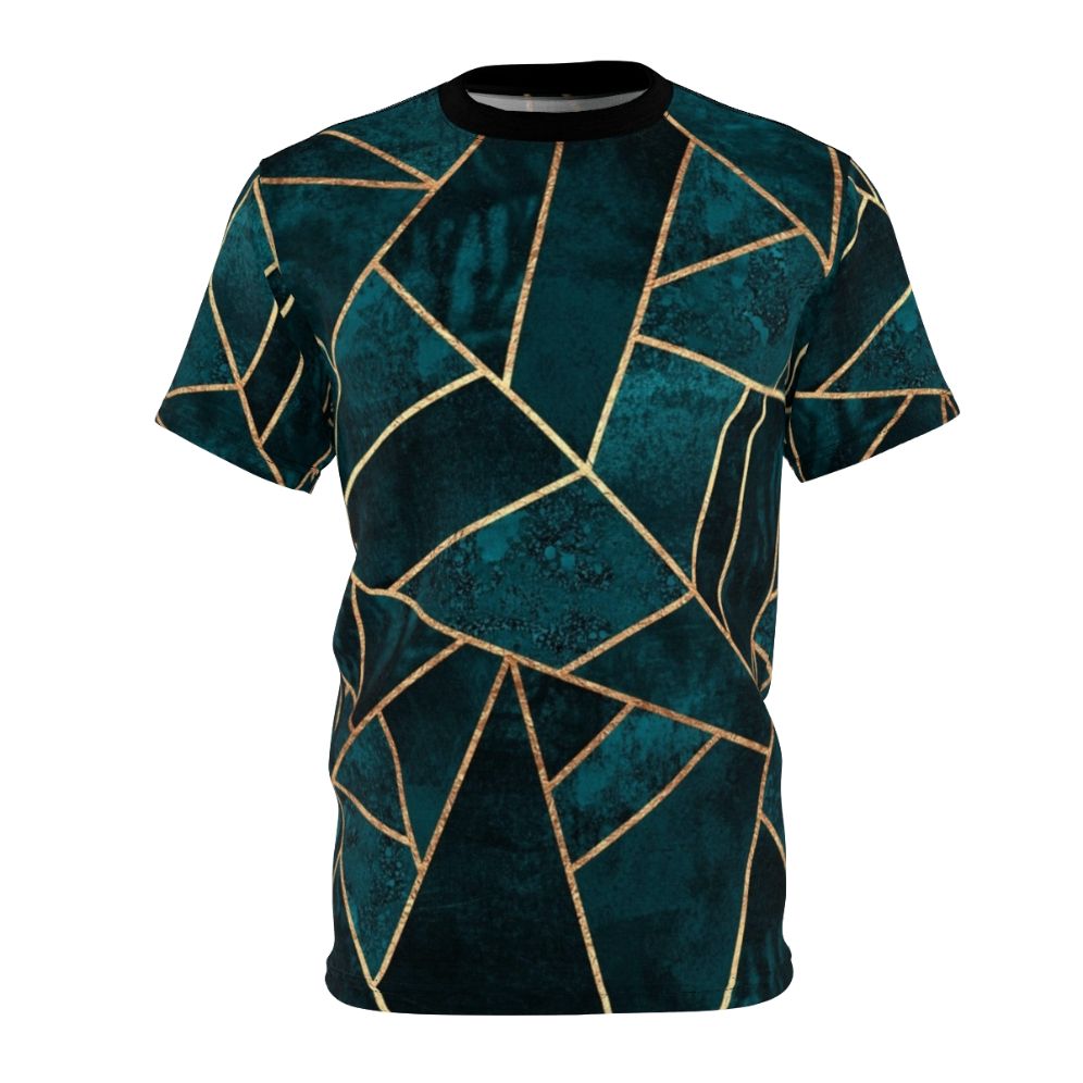 "Teal geometric abstract pattern design on t-shirt"