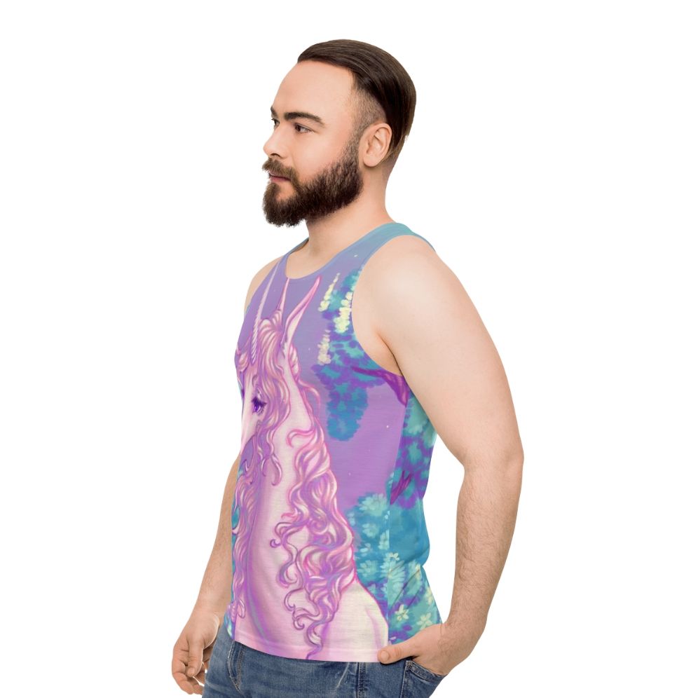 Unisex tank top featuring a glowing unicorn design in a forest setting from the classic 80s fantasy movie 'The Last Unicorn' - men side