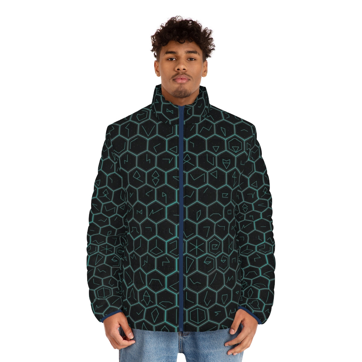 Ingress Glyph Series Puffer Jacket with Resistance Faction Glyphs - men front