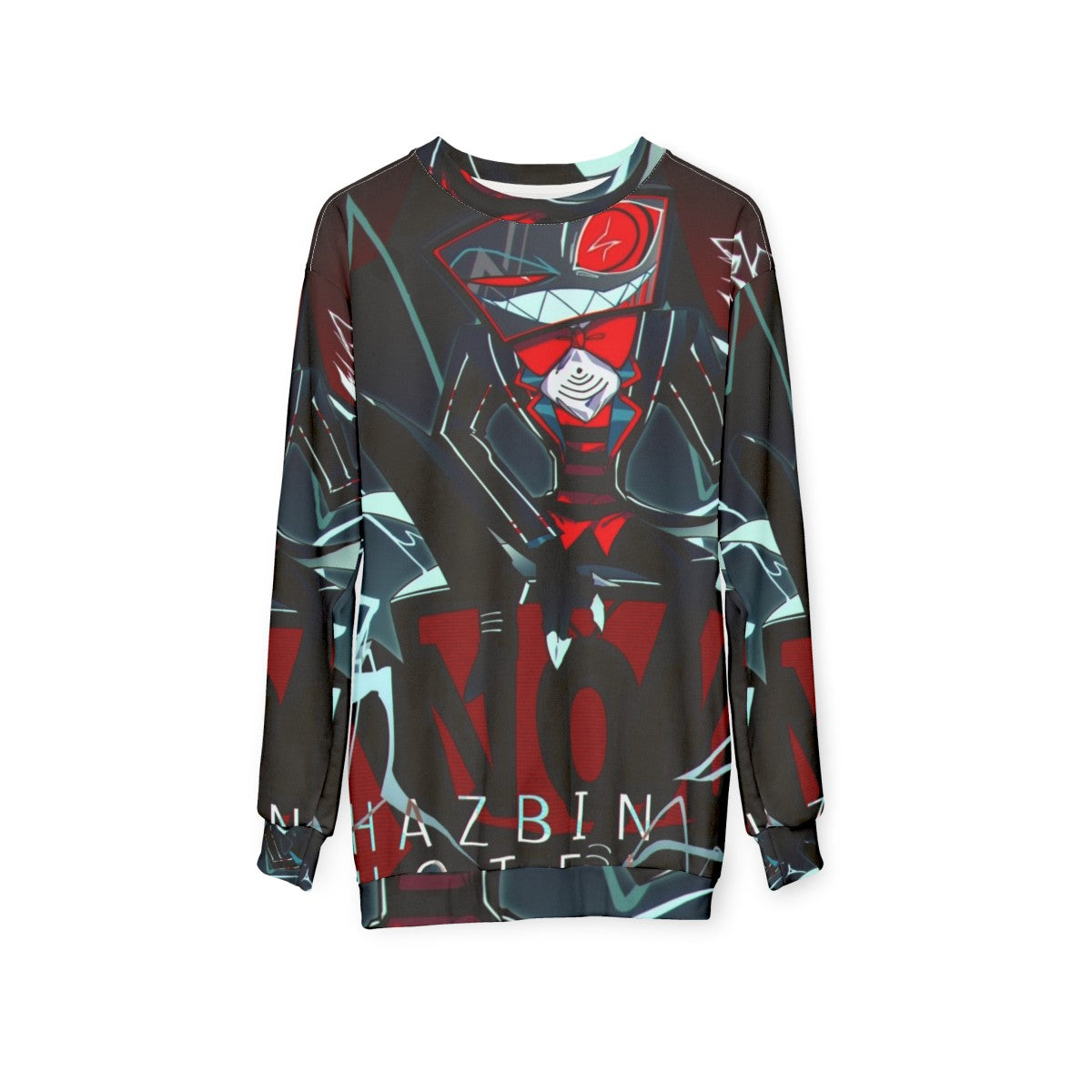 Hazbin Hotel Vox Sweatshirt featuring the character Vox - hanging