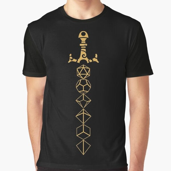 Dungeons and Dragons dice set sword graphic t-shirt for tabletop RPG gaming fans.