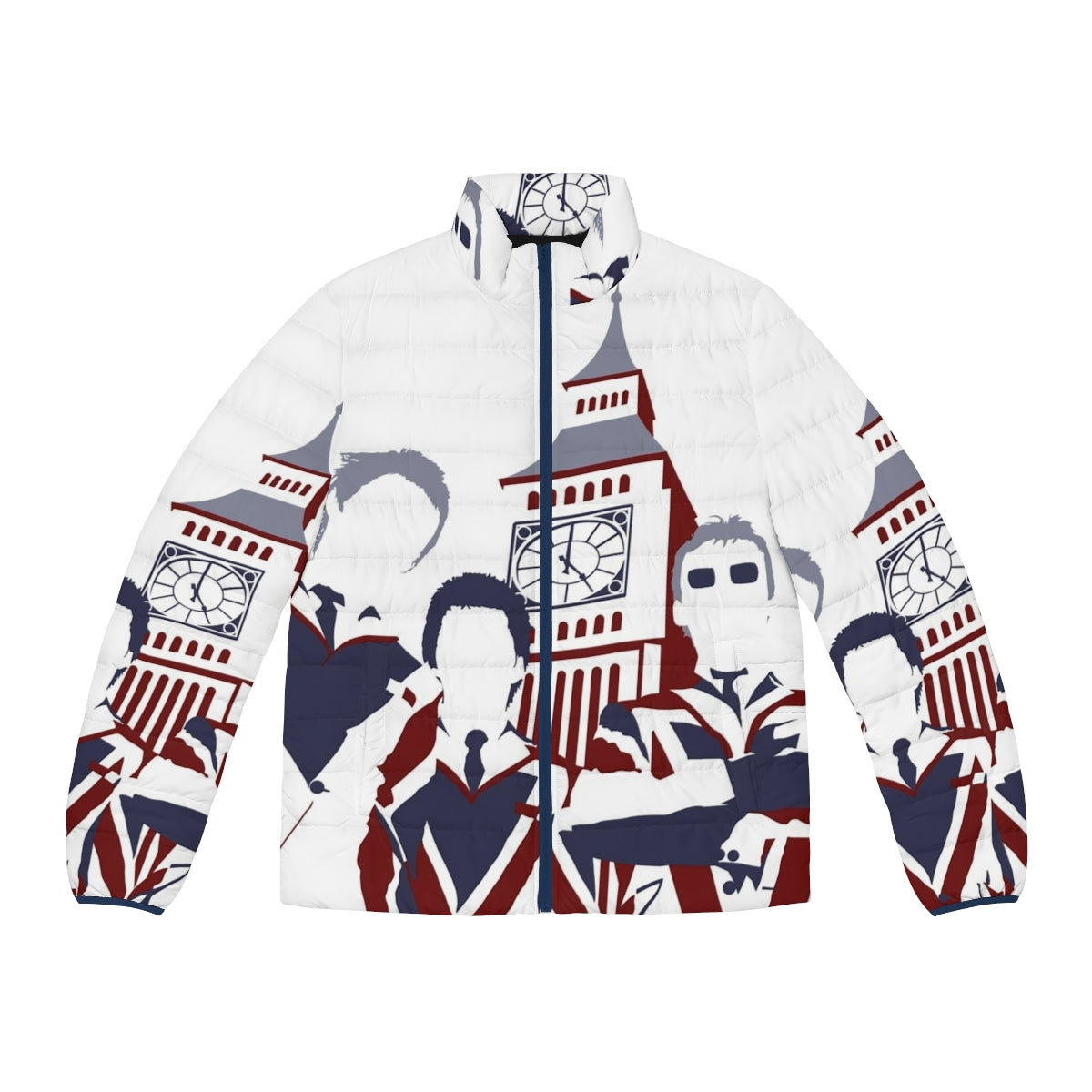 Mod-inspired puffer jacket with pop art design and union jack motif