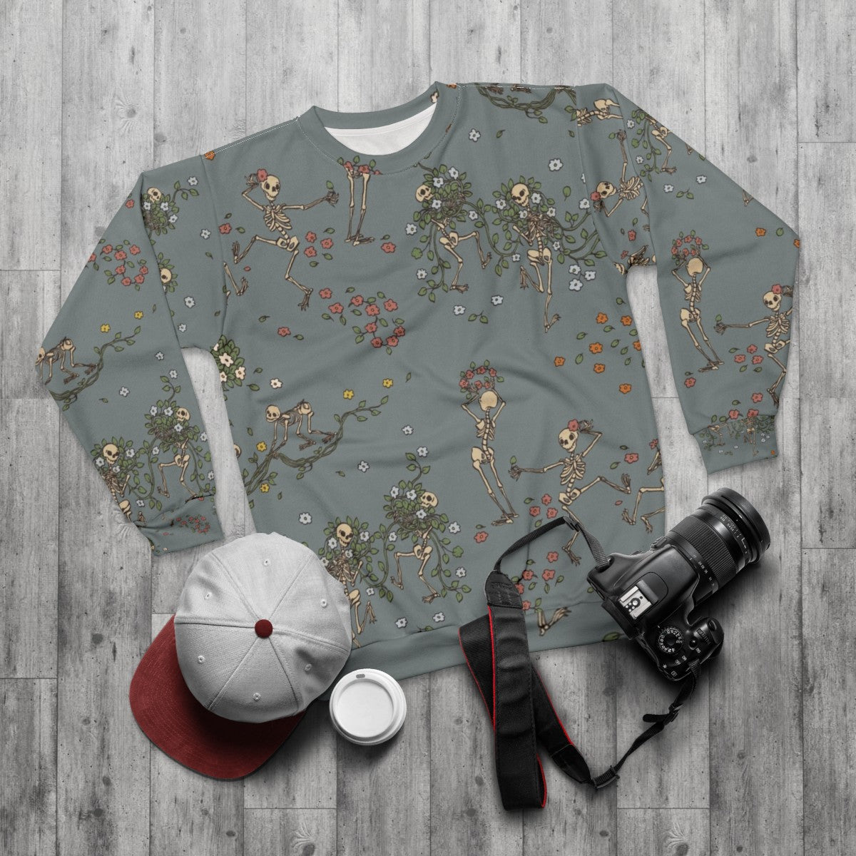 Skeleton sweatshirt with floral garlands - flat lay