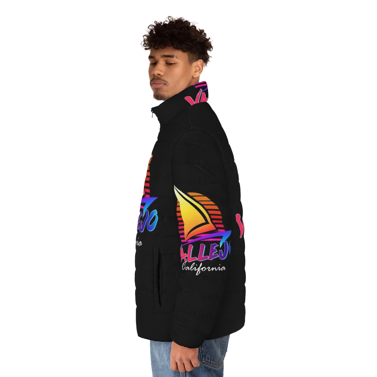 Vallejo California Retro Puffer Jacket with Sunset and Sailboat Design - men side left